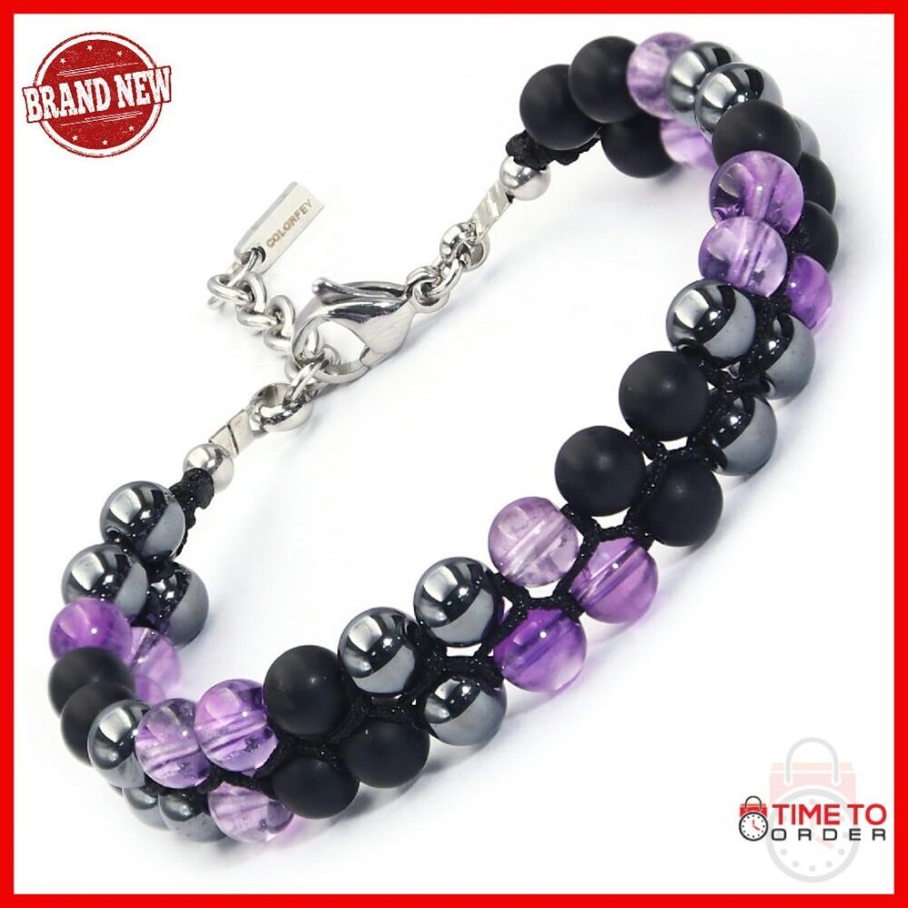 Triple Protection Amethyst Onyx Hematite Bracelet Stainless Steel Adjustable
